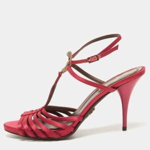 Pre Owned Roberto Cavalli Burgundy Satin Snake T-Bar Ankle Strap Sandals Size 39
