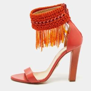 Roberto Cavalli Orange Leather and Woven Fabric Fringes Ankle Strap Sandals Size 40