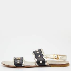 Pre Owned Roberto Cavalli Black/Gold Leather Embellished Scalloped Flat Sandals Size 39