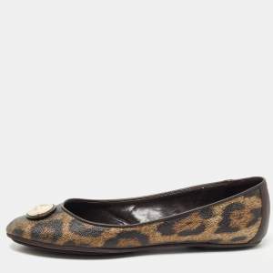 Pre Owned Roberto Cavalli Brown Leather and Canvas Animal Print Ballet Flats Size 41