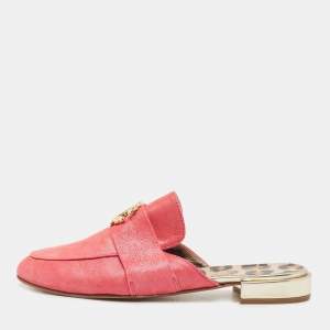 Roberto Cavalli Pink Nubuck Leather Logo Mules Size 38