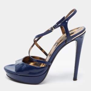 مملوكة مسبقًا Roberto Cavalli Blue Patent Leather Ankle Strap Sandals Size 38