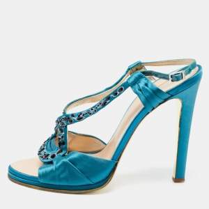 Pre Owned Roberto Cavalli Blue Satin Ankle Strap Sandals Size 39