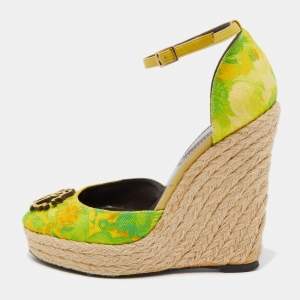 Roberto Cavalli Green/Yellow Printed Canvas Espadrille Wedge Ankle Strap Pumps Size 36.5