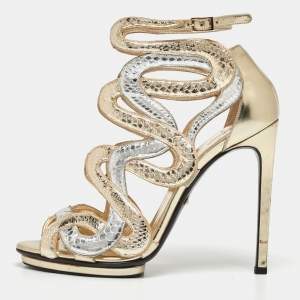 Pre Owned Roberto Cavalli Metallic Python Embossed Leather Ankle Strap Sandals Size 38