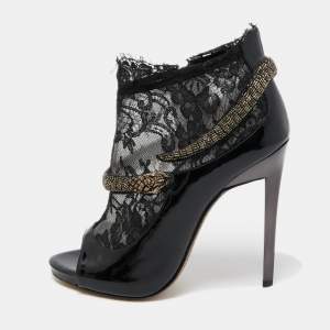 Pre Owned Roberto Cavalli Black Patent Leather And Mesh Beaded Snake Ankle Booties Size 38.5