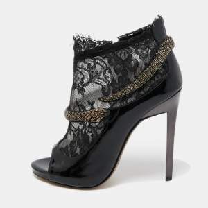 Roberto Cavalli Black Patent Leather And Mesh Beaded Snake Ankle Booties Size 38.5