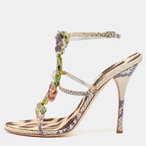 Roberto Cavalli Cream/Blue Python Embossed Leather Embellished Slingback Sandals Size 39