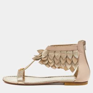 Roberto Cavalli Beige/Gold Leather T-Strap Ankle Cuff Flat Sandals Size 40