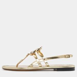 Pre Owned Roberto Cavalli Gold Laminated Leather Thong Ankle Strap Flat Sandals Size 36