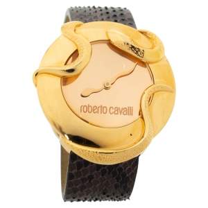 Pre Owned Roberto Cavalli Rose Gold Plated Stainless Steel Python Leather Snake R7251165917 Women's Wristwatch 37 mm