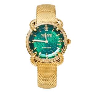 Roberto Cavalli By Frank Muller Green Gold Plated Stainless Steel Diamond Women's Wristwatch 34 mm