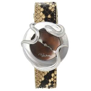 Pre Owned Roberto Cavalli Brown Stainless Steel Python Leather Snake SWL010 Women's Wristwatch 37 mm