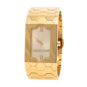 Pre Owned Roberto Cavalli Gold Plated Stainless Steel Beehive R7253139565 Women's Wristwatch 25 mm
