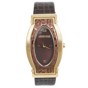 Pre Owned Roberto Cavalli Brown Gold Plated Stainless Steel Leather SWJ002/07403 Women's Wristwatch 28 mm