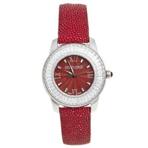 Pre Owned Roberto Cavalli Burgundy Stainless Steel Stingray Crystal Fugit R7251147585 Women's Wristwatch 37 mm