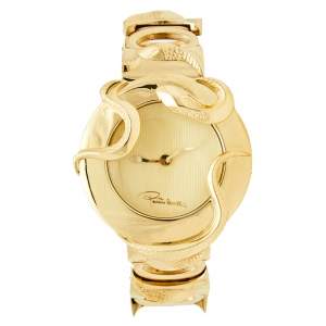 Pre Owned Roberto Cavalli Champagne Yellow Gold Plated Stainless Steel Snake R7253165517 Women's Wristwatch 37 mm