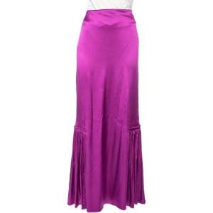 Pre Owned Roberto Cavalli Purple Silk Satin Pleated trim Detail Maxi Skirt M