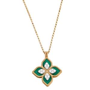 Roberto Coin Princess Flower Malachite Diamond 18k Rose Gold Pendant Necklace