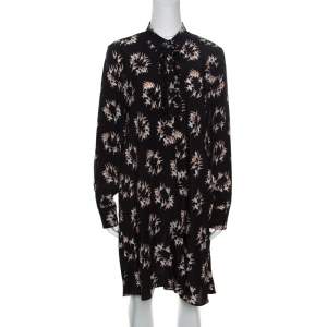 Rochas Black Ballerina Printed Silk Long Sleeve Shirt Dress L