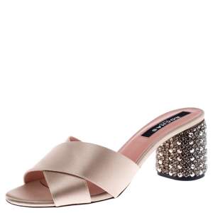 Rochas Beige Satin Cross Strap Crystal Embellished Block Heel Sandals Size 38