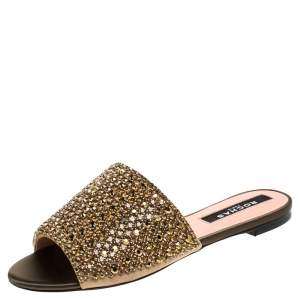 Rochas Beige Suede Crystal Embellished Flat Mule Slides Size 36.5