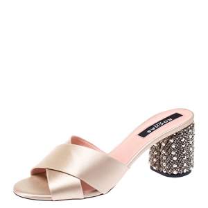 Rochas Gold Criss Cross Satin Heel Embellished Sandals Size 40