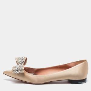 Rochas Gold Satin Crystal Bow Ballet Flats Size 38