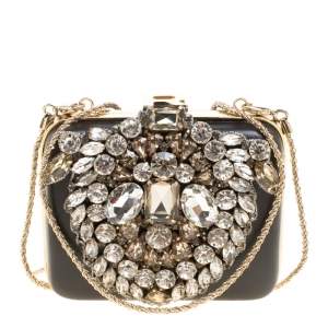 Rochas Black Leather Crystal Embellished Clutch