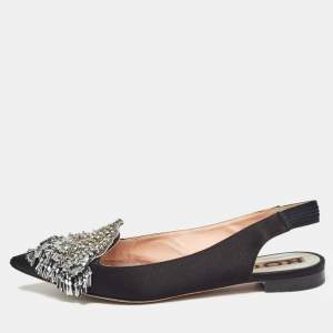 Rochas Black Satin Crystal Embellished Flat Slingback Sandals Size 36