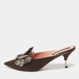 Rochas Burgundy Satin Crystal Embellished Mules Size 38