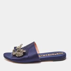 Rochas Navy Blue Satin Crystal Embellished Bow Slide Flat Sandals Size 38