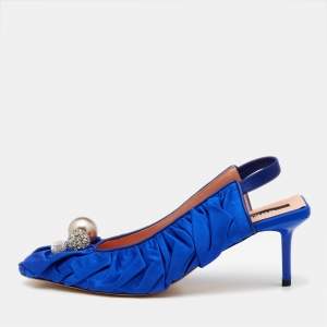 Rochas Blue Satin Crystal Embellished Slingback Pumps Size 40