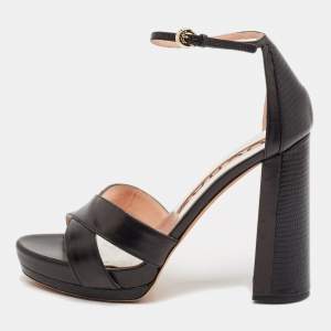 Rochas Black Leather and Lizard Embossed Leather Ankle Strap Sandals Size 40