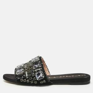 Rochas Black Suede and Velvet Crystal Embellished Flat Slides Size 40