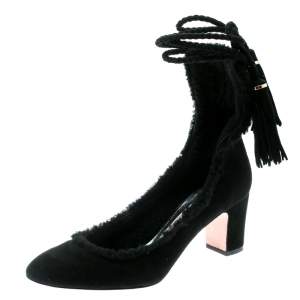 Rochas Black Suede/Fur Tassel Tie Up Pumps Size 36