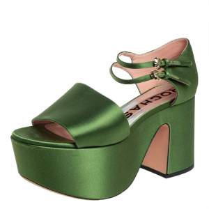 Rochas Green Satin Platform Ankle Strap Sandals Size 39