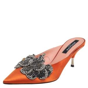 Rochas Orange Satin Crystal Embellishment Mule Sandals Size 39