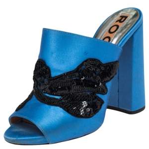 Rochas Blue Satin Embellishment  Mule Sandals Size 36