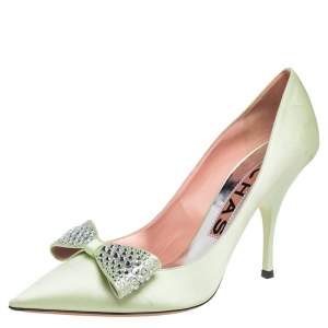 Rochas Mint Green Satin Bow Crystals Embellished Pumps Size 41