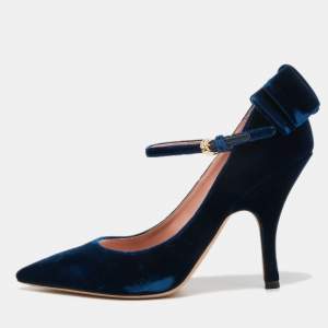 Rochas Navy Blue Velvet Bow Ankle Strap Pointed Toe Pumps Size 40