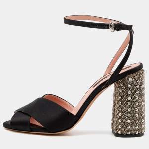 Rochas Black Satin Cross Strap Crystal Embellished Block Heel Ankle Strap Sandals Size 37