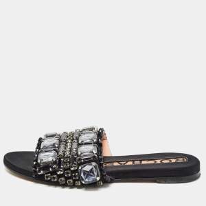 Rochas Black Crystal Embellished Suede Flat Slides Size 39