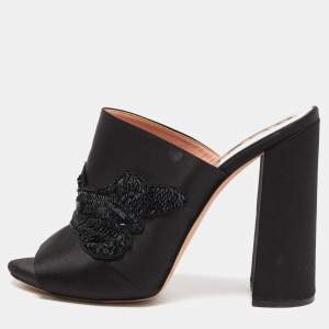 Rochas Black Satin Crystals Embellished Slide Sandals Size 41
