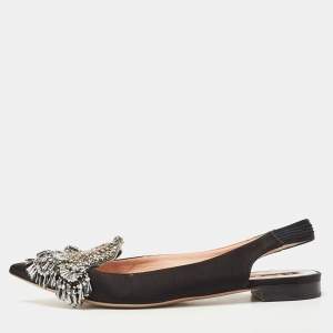Rochas Black Satin Crystal Embellished Flat Slingback  Sandals Size 36