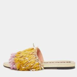 Rochas Multicolor Fabric and Suede Fringe Embellished Slide Flats Size 37 
