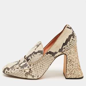 Rochas Beige/Brown Python Embossed Leather Glitter Heel Square Toe Pumps Size 40