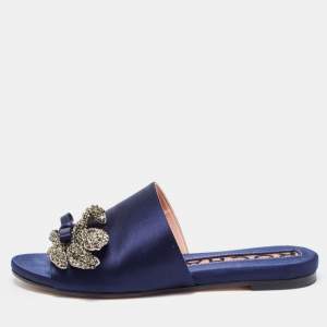 Rochas Navy Blue Satin Crystal Embellished Bow Slide Flats Size 36