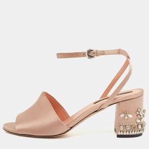 Rochas Pink Satin Crystal Embellished Block Heel Ankle Strap Sandals Size 38