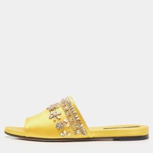 Rochas Yellow Satin Crystal Embellished Flat Slides Size 38